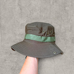 Vintage style Boonie jungle bucket hat with straps in khaki green. One size