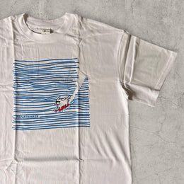 Surfing dog vintage style T-shirt with front graphic in white with blue print.