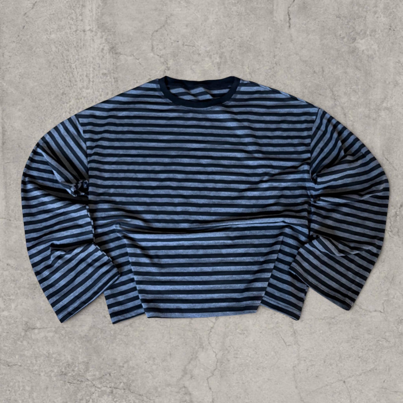 Vintage style relaxed fit long sleeve tshirt top in striped black/grey