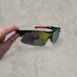 Sport sunglasses in black with blue yellow reflective lenses