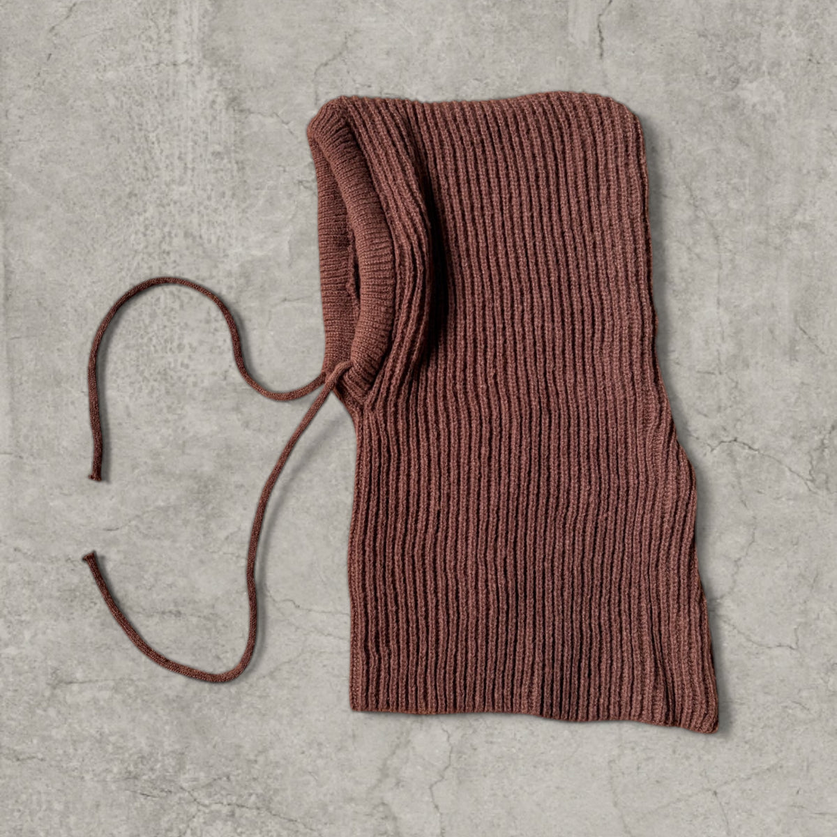 Knitted hooded snood scarf bonnet hat with drawstring in brown