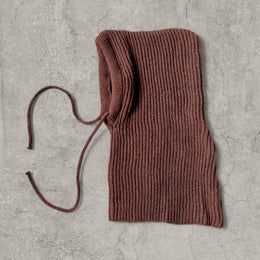 Knitted hooded snood scarf bonnet hat with drawstring in brown