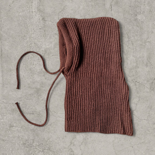 Knitted hooded snood scarf bonnet hat with drawstring in brown