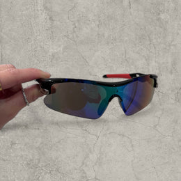Sport sunglasses with blue and purple reflective lenses in black
