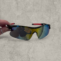 Sport sunglasses in black with blue yellow reflective lenses