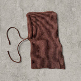 Knitted hooded snood scarf bonnet hat with drawstring in brown