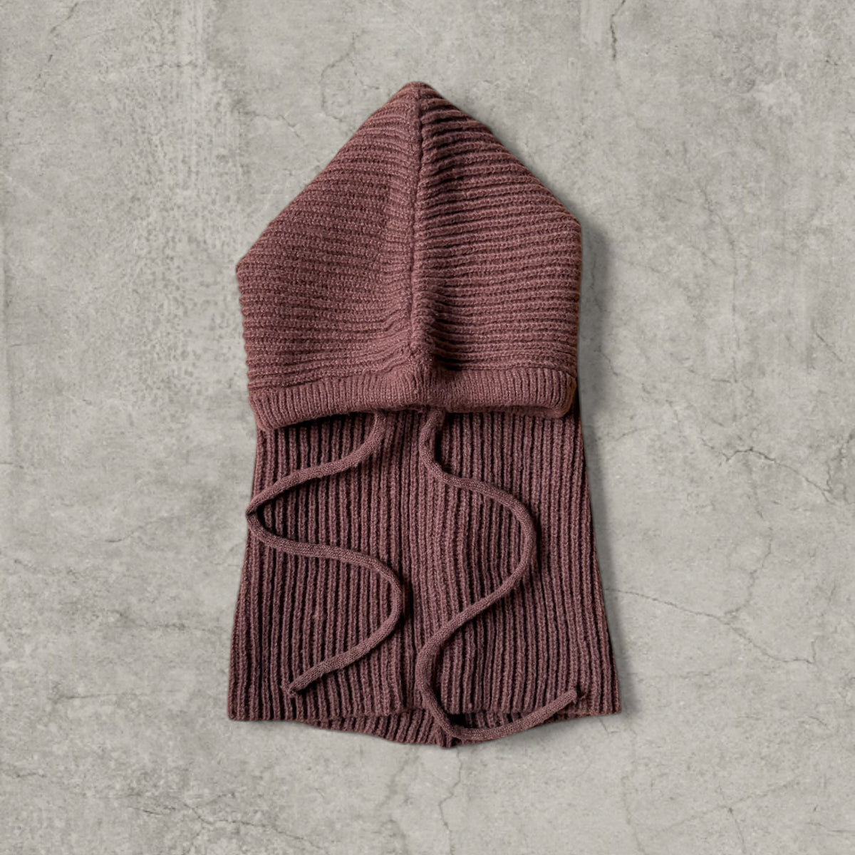 Knitted hooded snood scarf bonnet hat with drawstring in brown